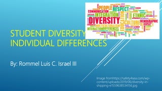 STUDENT DIVERSITY:
INDIVIDUAL DIFFERENCES
By: Rommel Luis C. Israel III
Image fromhttps://safety4sea.com/wp-
content/uploads/2019/06/diversity-in-
shipping-e1559638534156.jpg
 