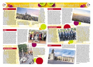FFooiirree ddee ll‘étudiant 2014 
Mittwoch, den 12. 
Mittwoch, den 12. 
November 2014 November 2014 
Foire de l‘étudiant 2014 
14 15 
tenleben bringen kann. Freiburg selbst hat eben-falls 
zahlreiche Attraktionen und ein aufregendes 
Nachtleben zu bieten. Langweilig werden dürfte 
demnach niemandem! Der Sluf, die Vereinigung 
der Luxemburger in Freiburg, organisiert selbst 
eine Reihe von Aktivitäten, darunter eine 
„Cafésrallye“, einen Aufenthalt in einer Win-ter- 
und Sommerhütte im Schwarzwald oder 
die Straßenbahnparty. Des Weiteren gibt es 
eine Ersti-Versteigerung und eine Taufe. Ein 
Teil unserer Mitglieder nimmt außerdem 
an Sportturnieren und „Intercercle“-Zu-sammenkünften 
teil. Wenn gerade keine 
größere Aktivität ansteht, treffen wir uns 
zum Stammtisch, wo den neuen Studie-renden 
bei Fragen zum Leben in Freiburg 
und zur Uni geholfen wird. Diese Treffen 
werden gerne zum Austausch unter 
Wohnungs-suche 
in Freiburg nicht ganz einfach ist. 
www.sluf.lu 
FREIBURG 
Ein Studium in Freiburg bedeutet mehr, als nur hinter 
den Büchern zu hängen! Neben den vielen verschie-denen 
Fachrichtungen, die man hier studieren kann – etwa 
Medizin, Archäologie, Umweltnaturwissenschaften, Erzie-hungswissenschaften, 
Biologie, ... gibt es ein breites Angebot 
an Freizeitaktivitäten. Die Lage von Freiburg ist sowohl für 
Naturfreunde als auch für Sportler interessant. Die Studen-tenstadt 
mit insgesamt 30 000 Studierenden bei knapp 
200 000 Einwohnern liegt zwischen dem Kaiserstuhl und 
dem Schwarzwald. Im Sommer bietet die Gegend mit ihren 
vielen Seen zahlreiche Ausflugsmöglichkeiten. Die Berge im 
Schwarzwald sind ideal für Mountainbiker, und im Winter 
können sich die Ski- und Snowboardfahrer auf dem Feld-berg 
austoben. Weiter gilt es anzumerken, dass keine Stadt 
in Deutschland so viele Sonnenstunden hat wie Freiburg, 
sodass man um die Stadt und am Kaiserstuhl hervorragenden 
Wein verköstigen kann. Außerdem befindet sich die Stadt in 
einem Dreiländereck, was genug Abwechslung ins Studen-verein 
sehr viel 
miteinander. Ne-ben 
traditionellen 
Abenden wie dem 
Willkommensabend, 
der Versteigerung der 
Erstis oder der „Taufe“ 
Menge anderer Aktivi-täten, 
wie zum Beispiel 
den Glühweinabend, den 
„Kleeschen“, einen Staffell-auf, 
eine Kulturreise oder 
unsere „Ponttorfeier“ in der 
Woche des luxemburgischen 
Nationalfeiertags. Außer-dem 
treiben wir des Öfteren 
Sport zusammen, treffen 
uns wöchentlich in unserem 
Stammlokal, dem „Kaktus“, oder fahren zusammen in andere 
Städte zu „Intercercle“-Treffen. 
www.avl.lu 
gern sehr beliebt. Die RWTH ist seit 2007 auch 
eine „Elite-Uni“ und findet sich Jahr für Jahr auf den 
oberen Plätzen der deutschen Hochschulrankings wieder. 
Natürlich sind auch die Luxemburger in Aachen extrem 
stark vertreten und so unternehmen wir als Studenten- 
AACHEN 
Aachen ist in vielerlei Hinsicht hin bekannt. Der 
Aachener Dom wurde 1978 als erstes deut-sches 
Kulturdenkmal in die Welterbeliste der UNESCO 
aufgenommen. Das „Dreiländereck“ ist auch sehr eu-ropäisch: 
So wird zum Beispiel seit 1950 jedes Jahr der 
Karlspreis in Aachen verliehen und neben Clinton, Schu-man 
oder Juncker haben auch die Luxemburger diesen 
Preis bereits als Volk überreicht bekommen (1986). 
Neben dem ganz charmanten Flair, das die Altstadt zu 
bieten hat, kann man aber auch als Student sehr gut 
in Aachen leben. Jeder fünfte Einwohner Aachens ist 
an einer der vier Hochschulen immatrikuliert, sodass 
die ganze Stadt auch sehr auf ein Studentenleben eingestellt 
ist. Lagetechnisch gesehen ist Aachen sehr praktisch aufge-baut, 
und so kann man sich hier größtenteils zu Fuß auf die 
Reise machen. An den beiden Haupthochschulen (RWTH und 
FH) kann man fast alles studieren, wobei der Schwerpunkt 
jeweils auf den technischen Berufen liegt. So sind vor allem 
Maschinenbau und Bauingenieurwesen bei den Luxembur- 
TRIER 
Trier ist die perfekte Stadt zum Studieren. Sie ermöglicht 
es einem, das Studentenleben kennenzulernen und 
herauszufinden, wie es ist, alleine zu wohnen und unabhän-gig 
von Zuhause zu sein. Gleichzeitig muss man in Luxem-burg 
nicht alle Zelte abreißen, da man schnell wieder daheim 
ist. Des Weiteren ist Trier die älteste Stadt Deutschlands und 
zählt mit seiner Altstadt zu den schönsten in Europa. An der 
Uni kann man praktisch alles studieren. Besonders bekannt 
ist die Hochschule jedoch für Geografie, Informatik, Psycho-logie 
und Geschichte. Vor allem im Sommer ist es in Trier 
toll. Der Petrisberg mit dem „Turm Luxemburg“ in der Nähe 
der Uni bietet eine gute Gelegenheit, aktiv zu werden. Man 
kann Fußball, Beachvolleyball oder Basketball spielen, oder 
aber sich gemütlich auf eine Wiese legen. Auch in kultureller 
Hinsicht kommt man auf seine Kosten. So gibt es Museen, 
Konzerte und sportliche Events. Vor allem aber ist die Verei-nigung 
der Luxemburger Studenten in Trier sehr 
aktiv, und hilft neuen Studenten, sich schnell 
in Trier zuhause zu fühlen und neue Menschen 
kennenzulernen. Wir bieten so ziemlich alles 
an sportlichen Aktivitäten an und organisieren 
Turniere, bei denen unsere Mitglieder gegen-einander 
antreten: Billard, Bowling, Minigolf 
und Poker. Doch auch der Spaßfaktor ist hoch: 
regelmäßige Stammtische, Kneipentouren, 
Partys, der „Kleeschen“ an der Uni, Nacht-rallyes, 
gemeinsames Ausgehen und Grillen 
stehen auf dem Programm. Ein wichtiger Ort 
für jeden Studenten ist außerdem das Café 
„Übergang“ bei der Uni, in dem viele langen 
Abende verbracht werden. Bleibt noch anzu-merken, 
dass das Leben in Trier pro Monat 
etwa 700 Euro kostet, wovon 400 Euro für 
die Miete einzurechnen sind. 
AIX-EN-PROVENCE 
Aix ist eine sonnige Stadt in Südfrankreich und liegt 
unweit von Meer und Bergen. Demzufolge gibt 
es eine Vielzahl an Aktivitäten, bei denen man sich die Zeit 
vertreiben kann: an den Strand gehen, durch die Weinberge 
spazieren, Städte wie Marseille, Cassis, Bandol oder Cannes 
besichtigen, auf den Mont Ste-Victoire steigen ... Es ist eine 
kleine Stadt mit einem traditionellen und provenzalischen 
Charme. Alte Brunnen, historische Gebäude und bekannte 
Museen (Musée Vasarely, Musée Paul Cézanne) prägen das 
Bild. Aix ist zudem eine sehr lebendige Stadt mit vielen jun-gen 
Menschen: Fast ein Drittel der Einwohner sind Studenten. 
Im Sommer und im Winter treffen sich die Studierenden auf 
einer der vielen Terrassen, die es quer durch die Stadt gibt. 
Vom akademischen Standpunkt aus gesehen gibt es zahl-reiche 
Fächer, die man an den Universitäten studieren kann, 
etwa Recht, Wirtschaft, Literaturwissenschaft, Kunst oder 
Politikwissenschaft. Die Universität für Recht Aix-Marseille 
genießt einen hervorragenden Ruf (Rang 3 der Universitäten 
für Recht in Frankreich). Sie ist bei den Luxemburger 
Studenten daher sehr beliebt. Es gibt zahlreiche Luxem-burger, 
die in Aix-en-Provence studieren. Im Jahr 2003 
wurde die Studentenverbindung „Letz’Aix“ gegründet. 
Die Vereinigung erleichtert die Integration der neuen 
Studierenden und versorgt sie mit Informationen rund 
um das Studentenleben in Aix. Der Vorstand organi-siert 
das ganze Jahr über Aktivitäten für die Mitglie-der, 
darunter Freibier-Abende, Weinverköstigungen, 
sportliche Events wie Beachvolley, Bowling oder 
Tennis und mehr. 
www.letzaix.com 
GROßBRITANNIEN 
Großbritannien, das heißt England, 
Wales, Schottland und Nordirland, 
hat eine lange Hochschultradition und 
beheimatet einige der weltweit besten und 
anerkanntesten Universitäten. Diese sind 
dafür bekannt, ein kreatives und heraus-forderndes 
Lernumfeld zu bieten, in dem 
die Studenten dabei unterstützt werden, 
mit dem Lernstoff unabhängig und kritisch 
umzugehen. Ein vielseitiges Studienangebot 
lockt zudem mit unendlichen Möglichkeiten: 
internationale Universitäten und ein flexibles 
Bachelor- und Mastersystem bieten hier 
eine innovative und praxisorientierte Ausbil-dung 
auf höchstem Niveau mit international 
anerkannten Abschlüssen. Neben den fach-spezifischen 
vor die wichtigste Weltsprache in Politik und Wirtschaft. Und 
wo könnte man diese wichtige Sprache besser lernen als in 
ihrem Heimatland? Vor allem die Internationalität der Stu-dierenden 
spricht für Großbritannien. An britischen Univer-sitäten 
tummeln sich Menschen aus allen Teilen der Welt. 
Ob in Szene-Metropolen wie London und Manchester oder 
das kosmopolitische Flair Großbritanniens ermöglicht jun-gen 
Menschen ein abwechslungsreiches Studentenleben 
in einer multikulturellen Gemeinschaft. Die zahlreichen 
Freizeitaktivitäten, die von den Universitäten angeboten 
werden, sind der beste Weg, soziale Kontakte zu knüpfen 
sowie neue Freundschaften zu schließen. Sogenannte 
„Societies“ gibt es an jeder Universität für die verschie-densten 
Zwecke: ob Sport, Politik, Kunst, Theater oder 
schlicht und einfach Partys; sie gestalten die Freizeit-möglichkeiten 
ebenso vielseitig wie das Bildungsan-gebot. 
Eine überzeugende Kombi, die Großbritannien, 
trotz der vergleichsweise vielleicht hohen Kosten, zu 
einem beliebten Ziel für luxemburgische Studenten macht! 
www.facebook.com/SLSB.lu 
NANCY Die Universität in Nancy bietet eine Vielfalt an Studien-gängen 
an, z.B. Recht, Wirtschaft, Medizin, Geogra-fie, 
… Um nach Nancy zu gelangen, kann man entweder mit 
dem Auto fahren (eine Stunde Fahrzeit) oder die direkte Zug-verbindung 
die Studenten ganz verschiedene Fakultäten besuchen, tref-fen 
sich die Luxemburger wöchentlich in unserem Stammlo-kal, 
dem Pub „Mac Carthy“, um gemeinsame Aktivitäten zu 
veranstalten. Es gibt viele Möglichkeiten, um in Nancy den 
täglichen Studien zu entfliehen. Entweder kann man in den 
zahlreichen Bars und Cafés ein Glas Bier genießen oder eine 
der angesagten Diskotheken besuchen um etwas länger zu 
feiern. Außerdem hat man die Möglichkeit, in Museen oder 
der Altstadt die französische Kultur neu zu entdecken. Be-sonders 
bekannt ist die Place Stanislas, die für ihre einmalige 
Kombination aus Kunst und Geschichte geschätzt wird. Im 
Sommer wird hier ein unvergessliches Licht- und Musik-spektakel 
geboten. Für sportliche Aktivitäten gibt es viele 
Möglichkeiten, sei es im Park oder in den diversen Sport-hallen. 
Diese werden von der Universität angeboten. Auch 
in der Studentenvereinigung Elan werden viele Aktivitäten 
angeboten, z.B. Bowling, Lasergame, ein Besuch im Zirkus 
oder die traditionelle Taufe. Im April findet sogar ein Jahr-markt 
statt mit vielen Spielen und Attraktionen. Unser Ziel ist 
es, ein kleines Stück Luxemburg nach Nancy zu bringen und 
mit vielen luxemburgischen Studenten schöne Momente zu 
erleben. Wir freuen uns über neue Studenten, um mit ihnen 
Bekanntschaften zu schließen. Wir versichern, dass in Nancy 
noch keinem Studenten langweilig geworden ist! 
www.elan.lu 
ddeerr VVeerrsstteeiiggeerruunngg ddeerr 
EEEErrrrssssttttiiiissss ooooddddeeeerrrr ddddeeeerrrr „„„„TTTTaaaauuuuffffeeee““““ 
organisieren wir eine 
MMMeeennngggeee aaannndddeeerrreeerrr AAAkkktttiiivvviii--- 
tttttääääättttteeeeennnnn,,,,, wwwwwiiiiieeeee zzzzzuuuuummmmm BBBBBeeeeeiiiiissssspppppiiiiieeeeelllll 
ddddddddeeeeeeeennnnnnnn GGGGGGGGllllllllüüüüüüüühhhhhhhhwwwwwwwweeeeeeeeiiiiiiiinnnnnnnnaaaaaaaabbbbbbbbeeeeeeeennnnnnnndddddddd,,,,,,,, ddddddddeeeeeeeennnnnnnn 
„„„„„„„„KKKKKKKKlllllllleeeeeeeeeeeeeeeesssssssscccccccchhhhhhhheeeeeeeennnnnnnn““““““““,,,,,,,, eeeeeeeeiiiiiiiinnnnnnnneeeeeeeennnnnnnn SSSSSSSSttttttttaaaaaaaaffffffffffffffffeeeeeeeellllllllllllllll-------- 
aaauuufff,,, eeeiiinnneee KKKuuullltttuuurrrrrreeeiiissseee ooodddeeerrr 
uuuuuuuuuuuuunnnnnnnnnnnnnssssssssssssseeeeeeeeeeeeerrrrrrrrrrrrreeeeeeeeeeeee „„„„„„„„„„„„„PPPPPPPPPPPPPooooooooooooonnnnnnnnnnnnnttttttttttttttttttttttttttooooooooooooorrrrrrrrrrrrrfffffffffffffeeeeeeeeeeeeeiiiiiiiiiiiiieeeeeeeeeeeeerrrrrrrrrrrrr“““““““““““““ iiiiiiiiiiiiinnnnnnnnnnnnn dddddddddddddeeeeeeeeeeeeerrrrrrrrrrrrr 
WWWWWWWWWoooooooooccccccccchhhhhhhhheeeeeeeee dddddddddeeeeeeeeesssssssss llllllllluuuuuuuuuxxxxxxxxxeeeeeeeeemmmmmmmmmbbbbbbbbbuuuuuuuuurrrrrrrrrgggggggggiiiiiiiiisssssssssccccccccchhhhhhhhheeeeeeeeennnnnnnnn 
NNNNNNNNNNaaaaaaaaaattttttttttiiiiiiiiiioooooooooonnnnnnnnnnaaaaaaaaaallllllllllffffffffffeeeeeeeeeeiiiiiiiiiieeeeeeeeeerrrrrrrrrrttttttttttaaaaaaaaaaggggggggggssssssssss.......... AAAAAAAAAAuuuuuuuuuußßßßßßßßßßeeeeeeeeeerrrrrrrrrr---------- 
ddddddddeeeeeeeemmmmmmmm ttttttttrrrrrrrreeeeeeeeiiiiiiiibbbbbbbbeeeeeeeennnnnnnn wwwwwwwwiiiiiiiirrrrrrrr ddddddddeeeeeeeessssssss ÖÖÖÖÖÖÖÖfffffffftttttttteeeeeeeerrrrrrrreeeeeeeennnnnnnn 
SSSSSSSSSpppppppppooooooooorrrrrrrrrttttttttt zzzzzzzzzuuuuuuuuusssssssssaaaaaaaaammmmmmmmmmmmmmmmmmeeeeeeeeennnnnnnnn,,,,,,,,, tttttttttrrrrrrrrreeeeeeeeeffffffffffffffffffeeeeeeeeennnnnnnnn 
uuuuuuuuuuuuuuuuunnnnnnnnnnnnnnnnnsssssssssssssssss wwwwwwwwwwwwwwwwwöööööööööööööööööccccccccccccccccchhhhhhhhhhhhhhhhheeeeeeeeeeeeeeeeennnnnnnnnnnnnnnnntttttttttttttttttllllllllllllllllliiiiiiiiiiiiiiiiiccccccccccccccccchhhhhhhhhhhhhhhhh iiiiiiiiiiiiiiiiinnnnnnnnnnnnnnnnn uuuuuuuuuuuuuuuuunnnnnnnnnnnnnnnnnssssssssssssssssseeeeeeeeeeeeeeeeerrrrrrrrrrrrrrrrreeeeeeeeeeeeeeeeemmmmmmmmmmmmmmmmm 
ggggeeeerrrrnnnn sssseeeehhhhrrrr bbbbeeeelllliiiieeeebbbbtttt.... DDDDiiiieeee RRRRWWWWTTTTHHHH iiiisssstttt sssseeeeiiiitttt 2222000000007777 aaaauuuucccchhhh 
ddiiee ggaannzzee SSttaaddtt aauucchh sseehhrr aauuff eeiinn SSttuuddeenntteennlleebbeenn eeiinnggeesstteelllltt 
iisstt.. LLaaggeetteecchhnniisscchh ggeesseehheenn iisstt AAaacchheenn sseehhrr pprraakkttiisscchh aauuffggee-- 
bbaauutt,, uunndd ssoo kkaannnn mmaann ssiicchh hhiieerr ggrröößßtteenntteeiillss zzuu FFuußß aauuff ddiiee 
www.lst.lu 
ffffffffffffffffüüüüüüüüüüüüüüüürrrrrrrrrrrrrrrr RRRRRRRRRRRRRRRReeeeeeeeeeeeeeeecccccccccccccccchhhhhhhhhhhhhhhhtttttttttttttttt iiiiiiiiiiiiiiiinnnnnnnnnnnnnnnn FFFFFFFFFFFFFFFFrrrrrrrrrrrrrrrraaaaaaaaaaaaaaaannnnnnnnnnnnnnnnkkkkkkkkkkkkkkkkrrrrrrrrrrrrrrrreeeeeeeeeeeeeeeeiiiiiiiiiiiiiiiicccccccccccccccchhhhhhhhhhhhhhhh))))))))))))))))................ SSSSSSSSSSSSSSSSiiiiiiiiiiiiiiiieeeeeeeeeeeeeeee iiiiiiiiiiiiiiiisssssssssssssssstttttttttttttttt bbbbbbbbbbbbbbbbeeeeeeeeeeeeeeeeiiiiiiiiiiiiiiii ddddddddddddddddeeeeeeeeeeeeeeeennnnnnnnnnnnnnnn LLLLLLLLLLLLLLLLuuuuuuuuuuuuuuuuxxxxxxxxxxxxxxxxeeeeeeeeeeeeeeeemmmmmmmmmmmmmmmmbbbbbbbbbbbbbbbbuuuuuuuuuuuuuuuurrrrrrrrrrrrrrrrggggggggggggggggeeeeeeeeeeeeeeeerrrrrrrrrrrrrrrr 
SSSSSSSSSSSSSSSSSSSSSSSSSSSSSSSSSSttttttttttttttttttttttttttttttttttuuuuuuuuuuuuuuuuuuuuuuuuuuuuuuuuuuddddddddddddddddddddddddddddddddddeeeeeeeeeeeeeeeeeeeeeeeeeeeeeeeeeennnnnnnnnnnnnnnnnnnnnnnnnnnnnnnnnntttttttttttttttttttttttttttttttttteeeeeeeeeeeeeeeeeeeeeeeeeeeeeeeeeennnnnnnnnnnnnnnnnnnnnnnnnnnnnnnnnn ddddddddddddddddddddddddddddddddddaaaaaaaaaaaaaaaaaaaaaaaaaaaaaaaaaahhhhhhhhhhhhhhhhhhhhhhhhhhhhhhhhhheeeeeeeeeeeeeeeeeeeeeeeeeeeeeeeeeerrrrrrrrrrrrrrrrrrrrrrrrrrrrrrrrrr sssssssssssssssssssssssssssssssssseeeeeeeeeeeeeeeeeeeeeeeeeeeeeeeeeehhhhhhhhhhhhhhhhhhhhhhhhhhhhhhhhhhrrrrrrrrrrrrrrrrrrrrrrrrrrrrrrrrrr bbbbbbbbbbbbbbbbbbbbbbbbbbbbbbbbbbeeeeeeeeeeeeeeeeeeeeeeeeeeeeeeeeeelllllllllllllllllllllllllllllllllliiiiiiiiiiiiiiiiiiiiiiiiiiiiiiiiiieeeeeeeeeeeeeeeeeeeeeeeeeeeeeeeeeebbbbbbbbbbbbbbbbbbbbbbbbbbbbbbbbbbtttttttttttttttttttttttttttttttttt.................................. EEEEEEEEEEEEEEEEEEEEEEEEEEEEEEEEEEssssssssssssssssssssssssssssssssss ggggggggggggggggggggggggggggggggggiiiiiiiiiiiiiiiiiiiiiiiiiiiiiiiiiibbbbbbbbbbbbbbbbbbbbbbbbbbbbbbbbbbtttttttttttttttttttttttttttttttttt zzzzzzzzzzzzzzzzzzzzzzzzzzzzzzzzzzaaaaaaaaaaaaaaaaaaaaaaaaaaaaaaaaaahhhhhhhhhhhhhhhhhhhhhhhhhhhhhhhhhhllllllllllllllllllllllllllllllllllrrrrrrrrrrrrrrrrrrrrrrrrrrrrrrrrrreeeeeeeeeeeeeeeeeeeeeeeeeeeeeeeeeeiiiiiiiiiiiiiiiiiiiiiiiiiiiiiiiiiicccccccccccccccccccccccccccccccccchhhhhhhhhhhhhhhhhhhhhhhhhhhhhhhhhheeeeeeeeeeeeeeeeeeeeeeeeeeeeeeeeee LLLLLLLLLLLLLLLLLLLLLLLLLLLLLLLLLLuuuuuuuuuuuuuuuuuuuuuuuuuuuuuuuuuuxxxxxxxxxxxxxxxxxxxxxxxxxxxxxxxxxxeeeeeeeeeeeeeeeeeeeeeeeeeeeeeeeeeemmmmmmmmmmmmmmmmmmmmmmmmmmmmmmmmmm---------------------------------- 
bbbbbbbbbbbbbbbbuuuuuuuuuuuuuuuurrrrrrrrrrrrrrrrggggggggggggggggeeeeeeeeeeeeeeeerrrrrrrrrrrrrrrr,,,,,,,,,,,,,,,, ddddddddddddddddiiiiiiiiiiiiiiiieeeeeeeeeeeeeeee iiiiiiiiiiiiiiiinnnnnnnnnnnnnnnn AAAAAAAAAAAAAAAAiiiiiiiiiiiiiiiixxxxxxxxxxxxxxxx----------------eeeeeeeeeeeeeeeennnnnnnnnnnnnnnn----------------PPPPPPPPPPPPPPPPrrrrrrrrrrrrrrrroooooooooooooooovvvvvvvvvvvvvvvveeeeeeeeeeeeeeeennnnnnnnnnnnnnnncccccccccccccccceeeeeeeeeeeeeeee ssssssssssssssssttttttttttttttttuuuuuuuuuuuuuuuuddddddddddddddddiiiiiiiiiiiiiiiieeeeeeeeeeeeeeeerrrrrrrrrrrrrrrreeeeeeeeeeeeeeeennnnnnnnnnnnnnnn................ IIIIIIIIIIIIIIIImmmmmmmmmmmmmmmm JJJJJJJJJJJJJJJJaaaaaaaaaaaaaaaahhhhhhhhhhhhhhhhrrrrrrrrrrrrrrrr 2222222222222222000000000000000000000000000000003333333333333333 
wwwwwwwwwwwwwwwwuuuuuuuuuuuuuuuurrrrrrrrrrrrrrrrddddddddddddddddeeeeeeeeeeeeeeee ddddddddddddddddiiiiiiiiiiiiiiiieeeeeeeeeeeeeeee SSSSSSSSSSSSSSSSttttttttttttttttuuuuuuuuuuuuuuuuddddddddddddddddeeeeeeeeeeeeeeeennnnnnnnnnnnnnnntttttttttttttttteeeeeeeeeeeeeeeennnnnnnnnnnnnnnnvvvvvvvvvvvvvvvveeeeeeeeeeeeeeeerrrrrrrrrrrrrrrrbbbbbbbbbbbbbbbbiiiiiiiiiiiiiiiinnnnnnnnnnnnnnnndddddddddddddddduuuuuuuuuuuuuuuunnnnnnnnnnnnnnnngggggggggggggggg „„„„„„„„„„„„„„„„LLLLLLLLLLLLLLLLeeeeeeeeeeeeeeeettttttttttttttttzzzzzzzzzzzzzzzz’’’’’’’’’’’’’’’’AAAAAAAAAAAAAAAAiiiiiiiiiiiiiiiixxxxxxxxxxxxxxxx““““““““““““““““ ggggggggggggggggeeeeeeeeeeeeeeeeggggggggggggggggrrrrrrrrrrrrrrrrüüüüüüüüüüüüüüüünnnnnnnnnnnnnnnnddddddddddddddddeeeeeeeeeeeeeeeetttttttttttttttt................ 
DDDDDDDDDDDDDDDDDiiiiiiiiiiiiiiiiieeeeeeeeeeeeeeeee VVVVVVVVVVVVVVVVVeeeeeeeeeeeeeeeeerrrrrrrrrrrrrrrrreeeeeeeeeeeeeeeeeiiiiiiiiiiiiiiiiinnnnnnnnnnnnnnnnniiiiiiiiiiiiiiiiiggggggggggggggggguuuuuuuuuuuuuuuuunnnnnnnnnnnnnnnnnggggggggggggggggg eeeeeeeeeeeeeeeeerrrrrrrrrrrrrrrrrllllllllllllllllleeeeeeeeeeeeeeeeeiiiiiiiiiiiiiiiiiccccccccccccccccchhhhhhhhhhhhhhhhhttttttttttttttttteeeeeeeeeeeeeeeeerrrrrrrrrrrrrrrrrttttttttttttttttt dddddddddddddddddiiiiiiiiiiiiiiiiieeeeeeeeeeeeeeeee IIIIIIIIIIIIIIIIInnnnnnnnnnnnnnnnnttttttttttttttttteeeeeeeeeeeeeeeeegggggggggggggggggrrrrrrrrrrrrrrrrraaaaaaaaaaaaaaaaatttttttttttttttttiiiiiiiiiiiiiiiiiooooooooooooooooonnnnnnnnnnnnnnnnn dddddddddddddddddeeeeeeeeeeeeeeeeerrrrrrrrrrrrrrrrr nnnnnnnnnnnnnnnnneeeeeeeeeeeeeeeeeuuuuuuuuuuuuuuuuueeeeeeeeeeeeeeeeennnnnnnnnnnnnnnnn 
SSSSSSSSSSSSSSSSStttttttttttttttttuuuuuuuuuuuuuuuuudddddddddddddddddiiiiiiiiiiiiiiiiieeeeeeeeeeeeeeeeerrrrrrrrrrrrrrrrreeeeeeeeeeeeeeeeennnnnnnnnnnnnnnnndddddddddddddddddeeeeeeeeeeeeeeeeennnnnnnnnnnnnnnnn uuuuuuuuuuuuuuuuunnnnnnnnnnnnnnnnnddddddddddddddddd vvvvvvvvvvvvvvvvveeeeeeeeeeeeeeeeerrrrrrrrrrrrrrrrrsssssssssssssssssooooooooooooooooorrrrrrrrrrrrrrrrrgggggggggggggggggttttttttttttttttt sssssssssssssssssiiiiiiiiiiiiiiiiieeeeeeeeeeeeeeeee mmmmmmmmmmmmmmmmmiiiiiiiiiiiiiiiiittttttttttttttttt IIIIIIIIIIIIIIIIInnnnnnnnnnnnnnnnnfffffffffffffffffooooooooooooooooorrrrrrrrrrrrrrrrrmmmmmmmmmmmmmmmmmaaaaaaaaaaaaaaaaatttttttttttttttttiiiiiiiiiiiiiiiiiooooooooooooooooonnnnnnnnnnnnnnnnneeeeeeeeeeeeeeeeennnnnnnnnnnnnnnnn rrrrrrrrrrrrrrrrruuuuuuuuuuuuuuuuunnnnnnnnnnnnnnnnnddddddddddddddddd 
uuuuuuuuuuuuuuuuuuuuummmmmmmmmmmmmmmmmmmmm dddddddddddddddddddddaaaaaaaaaaaaaaaaaaaaasssssssssssssssssssss SSSSSSSSSSSSSSSSSSSSStttttttttttttttttttttuuuuuuuuuuuuuuuuuuuuudddddddddddddddddddddeeeeeeeeeeeeeeeeeeeeennnnnnnnnnnnnnnnnnnnnttttttttttttttttttttteeeeeeeeeeeeeeeeeeeeennnnnnnnnnnnnnnnnnnnnllllllllllllllllllllleeeeeeeeeeeeeeeeeeeeebbbbbbbbbbbbbbbbbbbbbeeeeeeeeeeeeeeeeeeeeennnnnnnnnnnnnnnnnnnnn iiiiiiiiiiiiiiiiiiiiinnnnnnnnnnnnnnnnnnnnn AAAAAAAAAAAAAAAAAAAAAiiiiiiiiiiiiiiiiiiiiixxxxxxxxxxxxxxxxxxxxx..................... DDDDDDDDDDDDDDDDDDDDDeeeeeeeeeeeeeeeeeeeeerrrrrrrrrrrrrrrrrrrrr VVVVVVVVVVVVVVVVVVVVVooooooooooooooooooooorrrrrrrrrrrrrrrrrrrrrssssssssssssssssssssstttttttttttttttttttttaaaaaaaaaaaaaaaaaaaaannnnnnnnnnnnnnnnnnnnnddddddddddddddddddddd ooooooooooooooooooooorrrrrrrrrrrrrrrrrrrrrgggggggggggggggggggggaaaaaaaaaaaaaaaaaaaaannnnnnnnnnnnnnnnnnnnniiiiiiiiiiiiiiiiiiiii--------------------- 
sssssssssssiiiiiiiiiiieeeeeeeeeeerrrrrrrrrrrttttttttttt dddddddddddaaaaaaaaaaasssssssssss gggggggggggaaaaaaaaaaannnnnnnnnnnzzzzzzzzzzzeeeeeeeeeee JJJJJJJJJJJaaaaaaaaaaahhhhhhhhhhhrrrrrrrrrrr üüüüüüüüüüübbbbbbbbbbbeeeeeeeeeeerrrrrrrrrrr AAAAAAAAAAAkkkkkkkkkkktttttttttttiiiiiiiiiiivvvvvvvvvvviiiiiiiiiiitttttttttttääääääääääättttttttttteeeeeeeeeeennnnnnnnnnn fffffffffffüüüüüüüüüüürrrrrrrrrrr dddddddddddiiiiiiiiiiieeeeeeeeeee MMMMMMMMMMMiiiiiiiiiiitttttttttttgggggggggggllllllllllliiiiiiiiiiieeeeeeeeeee----------- 
dddddddddddddddddeeeeeeeeeeeeeeeeerrrrrrrrrrrrrrrrr,,,,,,,,,,,,,,,,, dddddddddddddddddaaaaaaaaaaaaaaaaarrrrrrrrrrrrrrrrruuuuuuuuuuuuuuuuunnnnnnnnnnnnnnnnnttttttttttttttttteeeeeeeeeeeeeeeeerrrrrrrrrrrrrrrrr FFFFFFFFFFFFFFFFFrrrrrrrrrrrrrrrrreeeeeeeeeeeeeeeeeiiiiiiiiiiiiiiiiibbbbbbbbbbbbbbbbbiiiiiiiiiiiiiiiiieeeeeeeeeeeeeeeeerrrrrrrrrrrrrrrrr-----------------AAAAAAAAAAAAAAAAAbbbbbbbbbbbbbbbbbeeeeeeeeeeeeeeeeennnnnnnnnnnnnnnnndddddddddddddddddeeeeeeeeeeeeeeeee,,,,,,,,,,,,,,,,, WWWWWWWWWWWWWWWWWeeeeeeeeeeeeeeeeeiiiiiiiiiiiiiiiiinnnnnnnnnnnnnnnnnvvvvvvvvvvvvvvvvveeeeeeeeeeeeeeeeerrrrrrrrrrrrrrrrrkkkkkkkkkkkkkkkkkööööööööööööööööössssssssssssssssstttttttttttttttttiiiiiiiiiiiiiiiiiggggggggggggggggguuuuuuuuuuuuuuuuunnnnnnnnnnnnnnnnngggggggggggggggggeeeeeeeeeeeeeeeeennnnnnnnnnnnnnnnn,,,,,,,,,,,,,,,,, 
ssssssssssssssssssssssssppppppppppppppppppppppppoooooooooooooooooooooooorrrrrrrrrrrrrrrrrrrrrrrrttttttttttttttttttttttttlllllllllllllllllllllllliiiiiiiiiiiiiiiiiiiiiiiicccccccccccccccccccccccchhhhhhhhhhhhhhhhhhhhhhhheeeeeeeeeeeeeeeeeeeeeeee EEEEEEEEEEEEEEEEEEEEEEEEvvvvvvvvvvvvvvvvvvvvvvvveeeeeeeeeeeeeeeeeeeeeeeennnnnnnnnnnnnnnnnnnnnnnnttttttttttttttttttttttttssssssssssssssssssssssss wwwwwwwwwwwwwwwwwwwwwwwwiiiiiiiiiiiiiiiiiiiiiiiieeeeeeeeeeeeeeeeeeeeeeee BBBBBBBBBBBBBBBBBBBBBBBBeeeeeeeeeeeeeeeeeeeeeeeeaaaaaaaaaaaaaaaaaaaaaaaacccccccccccccccccccccccchhhhhhhhhhhhhhhhhhhhhhhhvvvvvvvvvvvvvvvvvvvvvvvvoooooooooooooooooooooooolllllllllllllllllllllllllllllllllllllllllllllllleeeeeeeeeeeeeeeeeeeeeeeeyyyyyyyyyyyyyyyyyyyyyyyy,,,,,,,,,,,,,,,,,,,,,,,, BBBBBBBBBBBBBBBBBBBBBBBBoooooooooooooooooooooooowwwwwwwwwwwwwwwwwwwwwwwwlllllllllllllllllllllllliiiiiiiiiiiiiiiiiiiiiiiinnnnnnnnnnnnnnnnnnnnnnnngggggggggggggggggggggggg ooooooooooooooooooooooooddddddddddddddddddddddddeeeeeeeeeeeeeeeeeeeeeeeerrrrrrrrrrrrrrrrrrrrrrrr 
TTTTTTTTTTTTTTeeeeeeeeeeeeeennnnnnnnnnnnnnnnnnnnnnnnnnnniiiiiiiiiiiiiissssssssssssss uuuuuuuuuuuuuunnnnnnnnnnnnnndddddddddddddd mmmmmmmmmmmmmmeeeeeeeeeeeeeehhhhhhhhhhhhhhrrrrrrrrrrrrrr.............. 
wwwwwwwwwwwwwww.....llllleeeeetttttzzzzzaaaaaiiiiixxxxx.....cccccooooommmmm 
Luxemburgern genutzt, z.B. weil die Wohnungs-tenleben 
nutzen (Fahrtdauer: anderthalb Stunden). Obwohl 
spezifi schen Vorteilen spielt auch die Sprache 
eine wichtige Rolle, denn Englisch ist nach wie 
wwwooo kkkööönnnnnnttteee mmmaaannn dddiiieeessseee wwwiiiccchhhtttiiigggeee SSSppprrraaaccchhheee bbbeeesssssseeerrr llleeerrrnnneeennn aaalllsss iiinnn 
iiiiiiiiihhhhhhhhhrrrrrrrrreeeeeeeeemmmmmmmmm HHHHHHHHHeeeeeeeeeiiiiiiiiimmmmmmmmmaaaaaaaaatttttttttlllllllllaaaaaaaaannnnnnnnnddddddddd????????? VVVVVVVVVooooooooorrrrrrrrr aaaaaaaaalllllllllllllllllleeeeeeeeemmmmmmmmm dddddddddiiiiiiiiieeeeeeeee IIIIIIIIInnnnnnnnnttttttttteeeeeeeeerrrrrrrrrnnnnnnnnnaaaaaaaaatttttttttiiiiiiiiiooooooooonnnnnnnnnaaaaaaaaallllllllliiiiiiiiitttttttttääääääääättttttttt dddddddddeeeeeeeeerrrrrrrrr SSSSSSSSStttttttttuuuuuuuuu--------- 
ddddddddddddddiiiiiiiiiiiiiieeeeeeeeeeeeeerrrrrrrrrrrrrreeeeeeeeeeeeeennnnnnnnnnnnnnddddddddddddddeeeeeeeeeeeeeennnnnnnnnnnnnn sssssssssssssspppppppppppppprrrrrrrrrrrrrriiiiiiiiiiiiiicccccccccccccchhhhhhhhhhhhhhtttttttttttttt ffffffffffffffüüüüüüüüüüüüüürrrrrrrrrrrrrr GGGGGGGGGGGGGGrrrrrrrrrrrrrrooooooooooooooßßßßßßßßßßßßßßbbbbbbbbbbbbbbrrrrrrrrrrrrrriiiiiiiiiiiiiittttttttttttttaaaaaaaaaaaaaannnnnnnnnnnnnnnnnnnnnnnnnnnniiiiiiiiiiiiiieeeeeeeeeeeeeennnnnnnnnnnnnn.............. AAAAAAAAAAAAAAnnnnnnnnnnnnnn bbbbbbbbbbbbbbrrrrrrrrrrrrrriiiiiiiiiiiiiittttttttttttttiiiiiiiiiiiiiisssssssssssssscccccccccccccchhhhhhhhhhhhhheeeeeeeeeeeeeennnnnnnnnnnnnn UUUUUUUUUUUUUUnnnnnnnnnnnnnniiiiiiiiiiiiiivvvvvvvvvvvvvveeeeeeeeeeeeeerrrrrrrrrrrrrr-------------- 
ssssssssssssssssssssiiiiiiiiiiiiiiiiiiiittttttttttttttttttttäääääääääääääääääääätttttttttttttttttttteeeeeeeeeeeeeeeeeeeennnnnnnnnnnnnnnnnnnn ttttttttttttttttttttuuuuuuuuuuuuuuuuuuuummmmmmmmmmmmmmmmmmmmmmmmmmmmmmmmmmmmmmmmeeeeeeeeeeeeeeeeeeeellllllllllllllllllllnnnnnnnnnnnnnnnnnnnn ssssssssssssssssssssiiiiiiiiiiiiiiiiiiiicccccccccccccccccccchhhhhhhhhhhhhhhhhhhh MMMMMMMMMMMMMMMMMMMMeeeeeeeeeeeeeeeeeeeennnnnnnnnnnnnnnnnnnnsssssssssssssssssssscccccccccccccccccccchhhhhhhhhhhhhhhhhhhheeeeeeeeeeeeeeeeeeeennnnnnnnnnnnnnnnnnnn aaaaaaaaaaaaaaaaaaaauuuuuuuuuuuuuuuuuuuussssssssssssssssssss aaaaaaaaaaaaaaaaaaaalllllllllllllllllllllllllllllllllllllllleeeeeeeeeeeeeeeeeeeennnnnnnnnnnnnnnnnnnn TTTTTTTTTTTTTTTTTTTTeeeeeeeeeeeeeeeeeeeeiiiiiiiiiiiiiiiiiiiilllllllllllllllllllleeeeeeeeeeeeeeeeeeeennnnnnnnnnnnnnnnnnnn ddddddddddddddddddddeeeeeeeeeeeeeeeeeeeerrrrrrrrrrrrrrrrrrrr WWWWWWWWWWWWWWWWWWWWeeeeeeeeeeeeeeeeeeeelllllllllllllllllllltttttttttttttttttttt.................... 
OOOOOOOOOOOOOObbbbbbbbbbbbbb iiiiiiiiiiiiiinnnnnnnnnnnnnn SSSSSSSSSSSSSSzzzzzzzzzzzzzzeeeeeeeeeeeeeennnnnnnnnnnnnneeeeeeeeeeeeee--------------MMMMMMMMMMMMMMeeeeeeeeeeeeeettttttttttttttrrrrrrrrrrrrrrooooooooooooooppppppppppppppoooooooooooooolllllllllllllleeeeeeeeeeeeeennnnnnnnnnnnnn wwwwwwwwwwwwwwiiiiiiiiiiiiiieeeeeeeeeeeeee LLLLLLLLLLLLLLoooooooooooooonnnnnnnnnnnnnnddddddddddddddoooooooooooooonnnnnnnnnnnnnn uuuuuuuuuuuuuunnnnnnnnnnnnnndddddddddddddd MMMMMMMMMMMMMMaaaaaaaaaaaaaannnnnnnnnnnnnncccccccccccccchhhhhhhhhhhhhheeeeeeeeeeeeeesssssssssssssstttttttttttttteeeeeeeeeeeeeerrrrrrrrrrrrrr ooooooooooooooddddddddddddddeeeeeeeeeeeeeerrrrrrrrrrrrrr 
auch historischen Städten wie Canterbury und Edinburgh, 
dddaaasss kkkooosssmmmooopppooollliiitttiiisssccchhheee FFFlllaaaiiirrr GGGrrroooßßßbbbrrriiitttaaannnnnniiieeennnsss eeerrrmmmööögggllliiiccchhhttt jjjuuunnn--- 
ggggggggggggggggggeeeeeeeeeeeeeeeeeennnnnnnnnnnnnnnnnn MMMMMMMMMMMMMMMMMMeeeeeeeeeeeeeeeeeennnnnnnnnnnnnnnnnnsssssssssssssssssscccccccccccccccccchhhhhhhhhhhhhhhhhheeeeeeeeeeeeeeeeeennnnnnnnnnnnnnnnnn eeeeeeeeeeeeeeeeeeiiiiiiiiiiiiiiiiiinnnnnnnnnnnnnnnnnn aaaaaaaaaaaaaaaaaabbbbbbbbbbbbbbbbbbwwwwwwwwwwwwwwwwwweeeeeeeeeeeeeeeeeecccccccccccccccccchhhhhhhhhhhhhhhhhhsssssssssssssssssslllllllllllllllllluuuuuuuuuuuuuuuuuunnnnnnnnnnnnnnnnnnggggggggggggggggggssssssssssssssssssrrrrrrrrrrrrrrrrrreeeeeeeeeeeeeeeeeeiiiiiiiiiiiiiiiiiicccccccccccccccccchhhhhhhhhhhhhhhhhheeeeeeeeeeeeeeeeeessssssssssssssssss SSSSSSSSSSSSSSSSSSttttttttttttttttttuuuuuuuuuuuuuuuuuuddddddddddddddddddeeeeeeeeeeeeeeeeeennnnnnnnnnnnnnnnnntttttttttttttttttteeeeeeeeeeeeeeeeeennnnnnnnnnnnnnnnnnlllllllllllllllllleeeeeeeeeeeeeeeeeebbbbbbbbbbbbbbbbbbeeeeeeeeeeeeeeeeeennnnnnnnnnnnnnnnnn 
iiiiiiiiiiiiiinnnnnnnnnnnnnn eeeeeeeeeeeeeeiiiiiiiiiiiiiinnnnnnnnnnnnnneeeeeeeeeeeeeerrrrrrrrrrrrrr mmmmmmmmmmmmmmuuuuuuuuuuuuuullllllllllllllttttttttttttttiiiiiiiiiiiiiikkkkkkkkkkkkkkuuuuuuuuuuuuuullllllllllllllttttttttttttttuuuuuuuuuuuuuurrrrrrrrrrrrrreeeeeeeeeeeeeelllllllllllllllllllllllllllleeeeeeeeeeeeeennnnnnnnnnnnnn GGGGGGGGGGGGGGeeeeeeeeeeeeeemmmmmmmmmmmmmmeeeeeeeeeeeeeeiiiiiiiiiiiiiinnnnnnnnnnnnnnsssssssssssssscccccccccccccchhhhhhhhhhhhhhaaaaaaaaaaaaaafffffffffffffftttttttttttttt.............. DDDDDDDDDDDDDDiiiiiiiiiiiiiieeeeeeeeeeeeee zzzzzzzzzzzzzzaaaaaaaaaaaaaahhhhhhhhhhhhhhllllllllllllllrrrrrrrrrrrrrreeeeeeeeeeeeeeiiiiiiiiiiiiiicccccccccccccchhhhhhhhhhhhhheeeeeeeeeeeeeennnnnnnnnnnnnn 
FFFFFFFFrrrrrrrreeeeeeeeiiiiiiiizzzzzzzzeeeeeeeeiiiiiiiittttttttaaaaaaaakkkkkkkkttttttttiiiiiiiivvvvvvvviiiiiiiittttttttäääääääätttttttteeeeeeeennnnnnnn,,,,,,,, ddddddddiiiiiiiieeeeeeee vvvvvvvvoooooooonnnnnnnn ddddddddeeeeeeeennnnnnnn UUUUUUUUnnnnnnnniiiiiiiivvvvvvvveeeeeeeerrrrrrrrssssssssiiiiiiiittttttttäääääääätttttttteeeeeeeennnnnnnn aaaaaaaannnnnnnnggggggggeeeeeeeebbbbbbbbooooooootttttttteeeeeeeennnnnnnn 
wwweeerrrdddeeennn,,, sssiiinnnddd dddeeerrr bbbeeesssttteee WWWeeeggg,,, sssooozzziiiaaallleee KKKooonnntttaaakkkttteee zzzuuu kkknnnüüüpppfffeeennn 
ssssssoooooowwwwwwiiiiiieeeeee nnnnnneeeeeeuuuuuueeeeee FFFFFFrrrrrreeeeeeuuuuuunnnnnnddddddsssssscccccchhhhhhaaaaaafffffftttttteeeeeennnnnn zzzzzzuuuuuu sssssscccccchhhhhhlllllliiiiiieeeeeeßßßßßßeeeeeennnnnn...... SSSSSSooooooggggggeeeeeennnnnnaaaaaannnnnnnnnnnntttttteeeeee 
„„„SSSoooccciiieeetttiiieeesss“““ gggiiibbbttt eeesss aaannn jjjeeedddeeerrr UUUnnniiivvveeerrrsssiiitttääättt fffüüürrr dddiiieee vvveeerrrsssccchhhiiieee--- 
ddddddeeeeeennnnnnsssssstttttteeeeeennnnnn ZZZZZZwwwwwweeeeeecccccckkkkkkeeeeee:::::: oooooobbbbbb SSSSSSppppppoooooorrrrrrtttttt,,,,,, PPPPPPoooooolllllliiiiiittttttiiiiiikkkkkk,,,,,, KKKKKKuuuuuunnnnnnsssssstttttt,,,,,, TTTTTThhhhhheeeeeeaaaaaatttttteeeeeerrrrrr ooooooddddddeeeeeerrrrrr 
sssssscccccchhhhhhlllllliiiiiicccccchhhhhhtttttt uuuuuunnnnnndddddd eeeeeeiiiiiinnnnnnffffffaaaaaacccccchhhhhh PPPPPPaaaaaarrrrrrttttttyyyyyyssssss;;;;;; ssssssiiiiiieeeeee ggggggeeeeeessssssttttttaaaaaalllllltttttteeeeeennnnnn ddddddiiiiiieeeeee FFFFFFrrrrrreeeeeeiiiiiizzzzzzeeeeeeiiiiiitttttt------ 
mmmmöööögggglllliiiicccchhhhkkkkeeeeiiiitttteeeennnn eeeebbbbeeeennnnssssoooo vvvviiiieeeellllsssseeeeiiiittttiiiigggg wwwwiiiieeee ddddaaaassss BBBBiiiilllldddduuuunnnnggggssssaaaannnn---- 
gggeeebbbooottt... EEEiiinnneee üüübbbeeerrrzzzeeeuuugggeeennndddeee KKKooommmbbbiii,,, dddiiieee GGGrrroooßßßbbbrrriiitttaaannnnnniiieeennn,,, 
eeeeeeeeeeiiiiiiiiiinnnnnnnnnneeeeeeeeeemmmmmmmmmm bbbbbbbbbbeeeeeeeeeelllllllllliiiiiiiiiieeeeeeeeeebbbbbbbbbbtttttttttteeeeeeeeeennnnnnnnnn ZZZZZZZZZZiiiiiiiiiieeeeeeeeeellllllllll ffffffffffüüüüüüüüüürrrrrrrrrr lllllllllluuuuuuuuuuxxxxxxxxxxeeeeeeeeeemmmmmmmmmmbbbbbbbbbbuuuuuuuuuurrrrrrrrrrggggggggggiiiiiiiiiisssssssssscccccccccchhhhhhhhhheeeeeeeeee SSSSSSSSSSttttttttttuuuuuuuuuuddddddddddeeeeeeeeeennnnnnnnnntttttttttteeeeeeeeeennnnnnnnnn mmmmmmmmmmaaaaaaaaaacccccccccchhhhhhhhhhtttttttttt!!!!!!!!!! 
wwwwwwwwwwww....ffffaaaacccceeeebbbbooooooookkkk....ccccoooommmm////SSSSLLLLSSSSBBBB....lllluuuu 
 