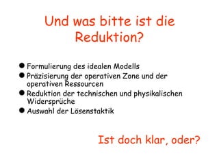Und was bitte ist die Reduktion? Formulierung des idealen Modells Präzisierung der operativen Zone und der operativen Ressourcen Reduktion der technischen und physikalischen Widersprüche Auswahl der Lösenstaktik Ist doch klar, oder? 