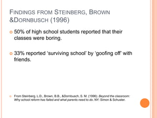 FINDINGS FROM STEINBERG, BROWN
&DORNBUSCH (1996)
   50% of high school students reported that their
    classes were boring.

   33% reported ‘surviving school’ by ‘goofing off’ with
    friends.




   From Steinberg, L.D., Brown, B.B., &Dornbusch, S. M. (1996). Beyond the classroom:
    Why school reform has failed and what parents need to do. NY: Simon & Schuster.
 