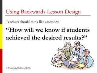 Using Backwards Lesson Design
Teachers should think like assessors:
“How will we know if students
achieved the desired results?”
© Wiggins & McTighe (1999)
 