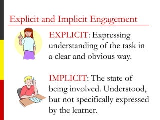 Explicit and Implicit Engagement
EXPLICIT: Expressing
understanding of the task in
a clear and obvious way.
IMPLICIT: The state of
being involved. Understood,
but not specifically expressed
by the learner.
 