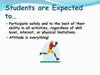 Students are Expected to…,[object Object],Participate safely and to the best of their ability in all activities, regardless of skill level, interest, or physical limitations.,[object Object],Attitude is everything!,[object Object]