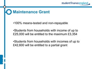 Maintenance Grant

•100% means-tested and non-repayable

•Students from households with income of up to
£25,000 will be entitled to the maximum £3,354

•Students from households with incomes of up to
£42,600 will be entitled to a partial grant
 