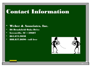 Contact Information
 Weber & Associates, Inc.
 86 Brookfield Oaks Drive
 Greenville, SC – 29607
 864.675.9038
 888.857.8690 - toll free
24
 