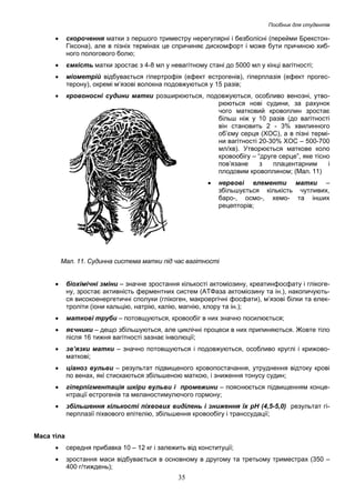 Посібник для студентів

•

скорочення матки з першого триместру нерегулярні і безболісні (перейми БрекстонГіксона), але в пізніх термінах це спричиняє дискомфорт і може бути причиною хибного пологового болю;

•

ємкість матки зростає з 4-8 мл у невагітному стані до 5000 мл у кінці вагітності;

•

міометрій відбувається гіпертрофія (ефект естрогенів), гіперплазія (ефект прогестерону), окремі м’язові волокна подовжуються у 15 разів;

•

кровоносні судини матки розширюються, подовжуються, особливо венозні, утворюються нові судини, за рахунок
чого матковий кровоплин зростає
більш ніж у 10 разів (до вагітності
він становить 2 - 3% хвилинного
об’єму серця (ХОС), а в пізні терміни вагітності 20-30% ХОС – 500-700
мл/хв). Утворюється маткове коло
кровообігу – “друге серце”, яке тісно
пов’язане
з
плацентарним
і
плодовим кровоплином; (Мал. 11)
•

нервові елементи матки –
збільшується кількість чутливих,
баро-, осмо-, хемо- та інших
рецепторів;

Мал. 11. Судинна система матки під час вагітності
•

біохімічні зміни – значне зростання кількості актоміозину, креатинфосфату і глікогену, зростає активність ферментних систем (АТФаза актоміозину та ін.), накопичуються високоенергетичні сполуки (глікоген, макроергічні фосфати), м’язові білки та електроліти (іони кальцію, натрію, калію, магнію, хлору та ін.);

•

маткові труби – потовщуються, кровообіг в них значно посилюється;

•

яєчники – дещо збільшуються, але циклічні процеси в них припиняються. Жовте тіло
після 16 тижня вагітності зазнає інволюції;

•

зв’язки матки – значно потовщуються і подовжуються, особливо круглі і крижовоматкові;

•

ціаноз вульви – результат підвищеного кровопостачання, утруднення відтоку крові
по венах, які стискаються збільшеною маткою, і зниження тонусу судин;

•

гіперпігментація шкіри вульви і промежини – пояснюється підвищенням концентрації естрогенів та меланостимулючого гормону;

•

збільшення кількості піхвових виділень і зниження їх рН (4,5-5,0) результат гіперплазії піхвового епітелію, збільшення кровообігу і транссудації;

Маса тіла
•

середня прибавка 10 – 12 кг і залежить від конституції;

•

зростання маси відбувається в основному в другому та третьому триместрах (350 –
400 г/тиждень);

35

 