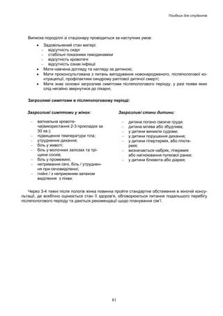 Посібник для студентів

Виписка породіллі зі стаціонару проводиться за наступних умов:
•

Задовільнений стан матері:
- відсутність скарг
- стабільні показники гемодинаміки
- відсутність кровотечі
- відсутність ознак інфікціі
• Мати навчена догляду та нагляду за дитиною;
• Мати проконсультована з питань вигодування новонародженого, післяпологової контрацепції, профілактики синдрому раптової дитячої смерті;
• Мати знає основні загрозливі симптоми післяпологового періоду, у разі появи яких
слід негайно звернутися до лікарні;

Загрозливі симптоми в післяпологовому періоді:
Загрозливі симптоми у жінок:
–

–
–
–
–

–
–
–

Загрозливі стани дитини:

вагінальна кровотеча(використання 2-3 прокладок за
30 хв.);
підвищення температури тіла;
утруднення дихання;
біль у животі;
біль у молочних залозах та тріщини сосків;
біль у промежині;
нетримання сечі, біль / утруднення при сечовиділенні;
гнійні / з неприємним запахом
виділення з піхви;

–
–
–
–
–
–
–

дитина погано смокче груди;
дитина млява або збудлива;
у дитини виникли судоми;
у дитини порушення дихання;
у дитини гіпертермія, або гіпотермія;
визначається набряк, гіперемія
або нагноювання пупкової ранки;
у дитини блювота або діарея;

Через 3-4 тижні після пологів жінка повинна пройти стандартне обстеження в жіночій консультації, де всебічно оцінюється стан її здоров’я, обговорюються питання подальшого перебігу
післяпологового періоду та даються рекомендації щодо планування сім’ї.

81

 