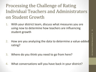 Processing the Challenge of Rating 
Individual Teachers and Administrators 
on Student Growth 
1. With your district team, discuss what measures you are 
using now to determine how teachers are influencing 
student growth 
2. How are you analyzing the data to determine a value-added 
rating? 
3. Where do you think you need to go from here? 
4. What conversations will you have back in your district? 
ACL:Session1:DDIM.Reeves2.27.14 23 
 