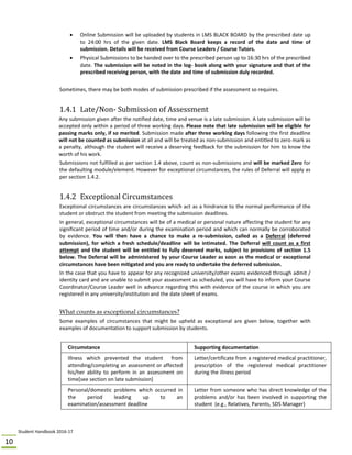 Student Handbook 2016‐17 
10 
 Online Submission will be uploaded by students in LMS BLACK BOARD by the prescribed date up 
to  24:00  hrs  of  the  given  date.  LMS  Black  Board  keeps  a  record  of  the  date  and  time  of 
submission. Details will be received from Course Leaders / Course Tutors.  
 Physical Submissions to be handed over to the prescribed person up to 16:30 hrs of the prescribed 
date. The submission will be noted in the log‐ book along with your signature and that of the 
prescribed receiving person, with the date and time of submission duly recorded.  
 
Sometimes, there may be both modes of submission prescribed if the assessment so requires. 
1.4.1	 Late/Non‐	Submission	of	Assessment	
Any submission given after the notified date, time and venue is a late submission. A late submission will be 
accepted only within a period of three working days. Please note that late submission will be eligible for 
passing marks only, if so merited. Submission made after three working days following the first deadline 
will not be counted as submission at all and will be treated as non‐submission and entitled to zero mark as 
a penalty, although the student will receive a deserving feedback for the submission for him to know the 
worth of his work. 
Submissions not fulfilled as per section 1.4 above, count as non‐submissions and will be marked Zero for 
the defaulting module/element. However for exceptional circumstances, the rules of Deferral will apply as 
per section 1.4.2.  
1.4.2	 Exceptional	Circumstances	
Exceptional circumstances are circumstances which act as a hindrance to the normal performance of the 
student or obstruct the student from meeting the submission deadlines.  
In general, exceptional circumstances will be of a medical or personal nature affecting the student for any 
significant period of time and/or during the examination period and which can normally be corroborated 
by  evidence.  You  will  then  have  a  chance  to  make  a  re‐submission,  called  as  a  Deferral  (deferred 
submission),  for  which  a  fresh  schedule/deadline  will  be  intimated.  The  Deferral  will  count  as  a  first 
attempt and the student will be entitled to fully deserved marks, subject to provisions of section 1.5 
below. The Deferral will be administered by your Course Leader as soon as the medical or exceptional 
circumstances have been mitigated and you are ready to undertake the deferred submission. 
In the case that you have to appear for any recognized university/other exams evidenced through admit / 
identity card and are unable to submit your assessment as scheduled, you will have to inform your Course 
Coordinator/Course Leader well in advance regarding this with evidence of the course in which you are 
registered in any university/institution and the date sheet of exams. 
 
What counts as exceptional circumstances?
Some  examples  of  circumstances  that  might  be  upheld  as  exceptional  are  given  below,  together  with 
examples of documentation to support submission by students.  
 
Circumstance   Supporting documentation  
Illness  which  prevented  the  student    from 
attending/completing an assessment or affected 
his/her  ability  to  perform  in  an  assessment  on 
time[see section on late submission] 
Letter/certificate from a registered medical practitioner, 
prescription  of  the  registered  medical  practitioner 
during the illness period 
Personal/domestic  problems  which  occurred  in 
the  period  leading  up  to  an 
examination/assessment deadline  
Letter from someone who has direct knowledge of the 
problems  and/or  has  been  involved  in  supporting  the 
student  (e.g., Relatives, Parents, SDS Manager) 
 