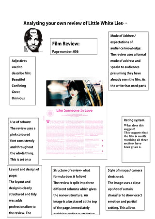 Analysing your own review of Little White Lies…
Mode of Address/
expectations of
audience knowledge:
The review uses a formal
mode of address and
speaks to audiences
presuming they have
already seen the film. As
the writer has used parts
of the film in the review
Rating system:
What does this
suggest?
This suggests that
the film is worth
watching all three
sections have
been given 4.
Layout and design of
page:
The layout and
design is clearly
structured and tidy
was adds
professionalism to
the review. The
Adjectives
used to
describe film:
Beautiful
Confining
Great
Omnious
Film Review:
Page number: 056
Use of colours:
The review uses a
pink coloured
font consistently
and throughout
the whole thing.
This is set on a
white background
Structure of review- what
formula does it follow?
The review is split into three
different columns which gives
the review structure. An
image is also placed at the top
of the page, immediately
grabbing audience attention.
Style of images/ camera
shots used:
The image uses a close
up shot of a main
character to show exact
emotion and partial
setting. This allows
 
