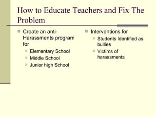 How to Educate Teachers and Fix The Problem Create an anti-Harassments program for  Elementary School Middle School Junior high School Interventions for Students Identified as bullies  Victims of harassments  