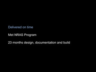 Delivered on time
Met NRAS Program
23 months design, documentation and build
 