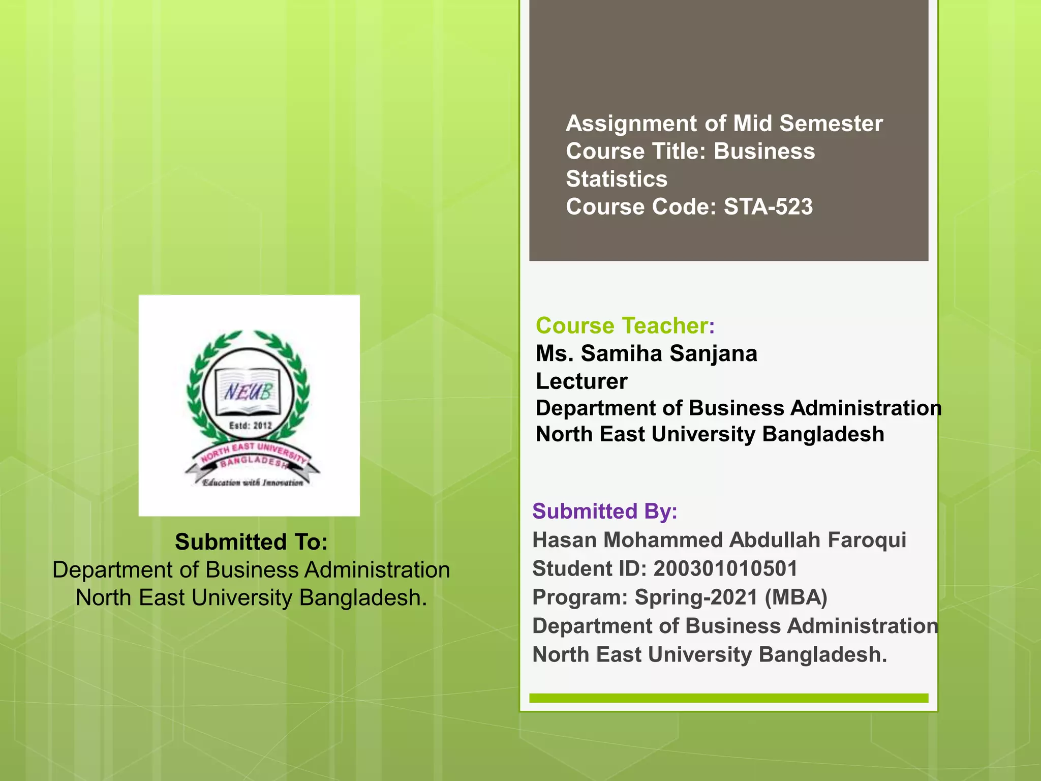 Course Teacher:
Ms. Samiha Sanjana
Lecturer
Department of Business Administration
North East University Bangladesh
Submitted By:
Hasan Mohammed Abdullah Faroqui
Student ID: 200301010501
Program: Spring-2021 (MBA)
Department of Business Administration
North East University Bangladesh.
Assignment of Mid Semester
Course Title: Business
Statistics
Course Code: STA-523
Submitted To:
Department of Business Administration
North East University Bangladesh.
 