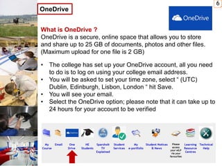 What is OneDrive ?
OneDrive is a secure, online space that allows you to store
and share up to 25 GB of documents, photos and other files.
(Maximum upload for one file is 2 GB)
• The college has set up your OneDrive account, all you need
to do is to log on using your college email address.
• You will be asked to set your time zone, select “ (UTC)
Dublin, Edinburgh, Lisbon, London “ hit Save.
• You will see your email.
• Select the OneDrive option; please note that it can take up to
24 hours for your account to be verified
6
OneDrive
 