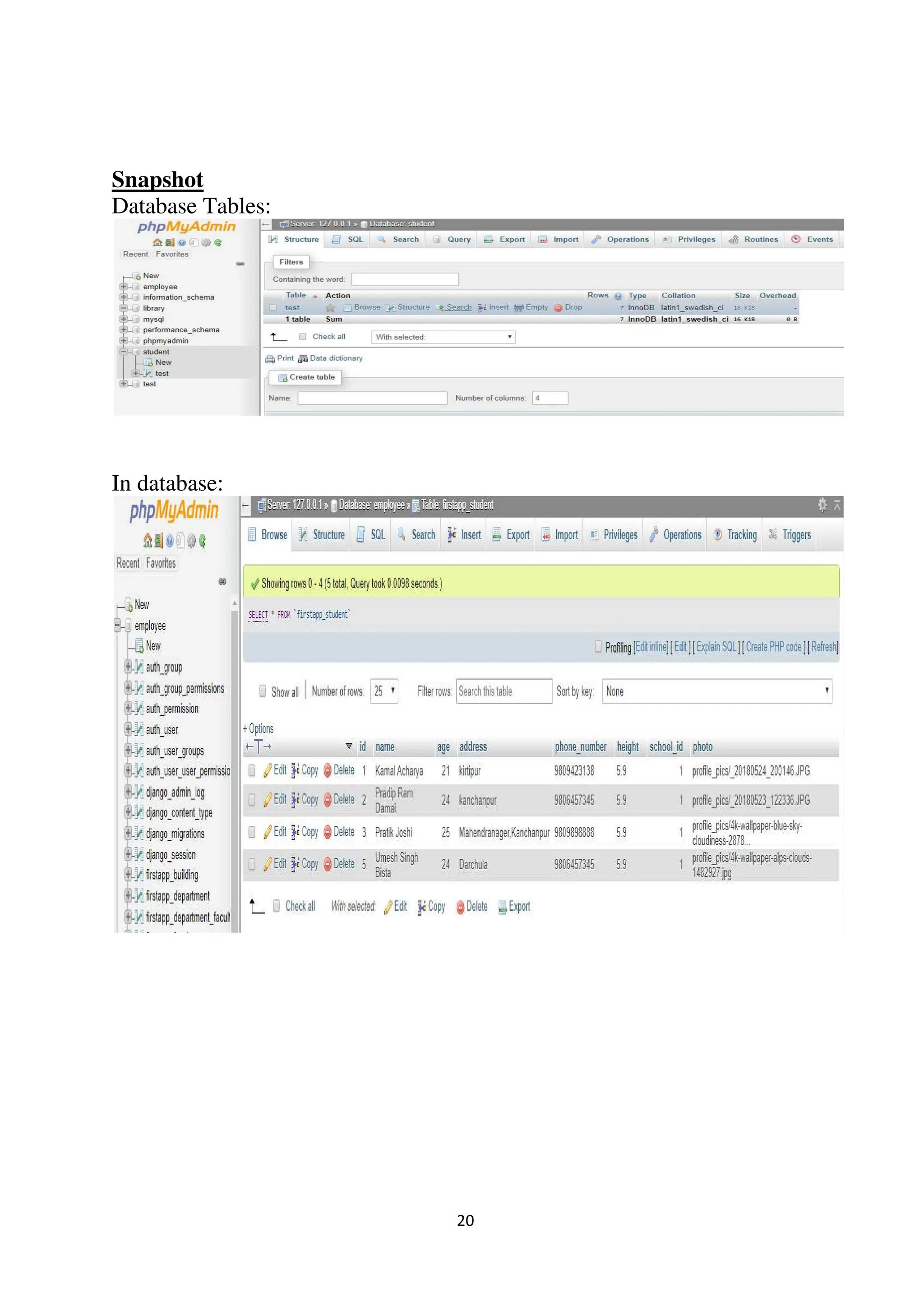 20
Snapshot
Database Tables:
In database:
 