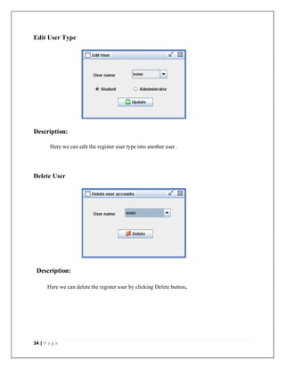 34 | P a g e
Edit User Type
Description:
Here we can edit the register user type into another user .
Delete User
Description:
Here we can delete the register user by clicking Delete button.
 