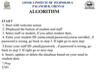 <number>
LOYOLA INSITUTE OF TECHNOLOGY
PALANCHUR, CHENNAI
ALGORITHM
START
1. Start with welcome screen
2. Displayed the button of student and staff
3. Select staff or student, if you select student then,.
4. Enter your student ID ,name,email,password,course enrolled , if
password is wrong, go back to step 3. If right go to next step
5.Enter your staff ID ,email,password, , if password is wrong, go
back to step 3. If right go to next step
6. Insert, update or delete the database based on your need in
student data
7.Stop
END
 