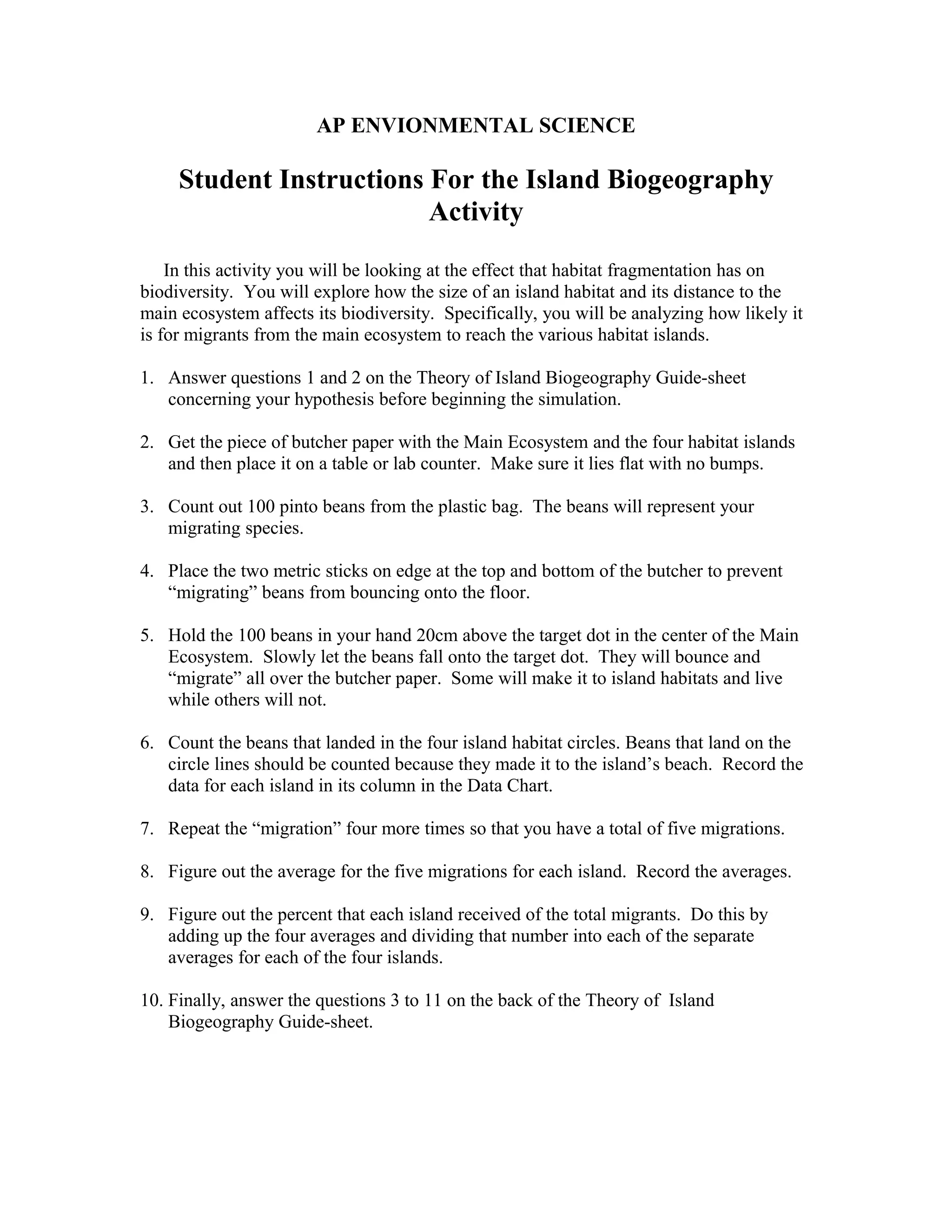 Island biogeography activity procedure PDF