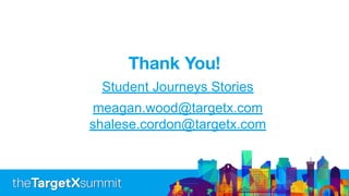 Thank You!
Student Journeys Stories
meagan.wood@targetx.com
shalese.cordon@targetx.com
 