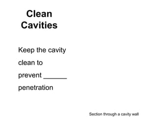 Clean
Cavities
Keep the cavity
clean to
prevent ______
penetration
Section through a cavity wall
 
