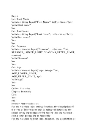 Begin
Get: First Name
Validate String Input(“First Name”, txtFirstName.Text)
Valid first name?
No
Get: Last Name
Validate String Input(“Last Name”, txtLastName.Text)
Valid last name?
Yes
No
Get: Seasons
Validate Number Input(“Seasons”, txtSeasons.Text,
SEASONS_LOWER_LIMIT, SEASONS_UPPER_LIMIT,
seasons)
Valid Seasons?
No
Yes
Get: Age
Validate Number Input(“Age, txtAge.Text,
AGE_LOWER_LIMIT,
AGE_UPPER_LIMIT, age)
Valid age?
Yes
No
Collect Statistics
Display Summary
Data
Yes
end
Hockey Player Statistics
For the validate input string function, the description of
the type of information that is being validated and the
actual string input needs to be passed into the validate
string input procedure as read only
For the validate number input function, the description of
 