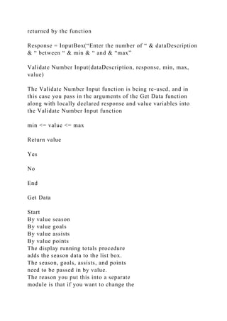 returned by the function
Response = InputBox(“Enter the number of “ & dataDescription
& “ between “ & min & “ and & “max”
Validate Number Input(dataDescription, response, min, max,
value)
The Validate Number Input function is being re-used, and in
this case you pass in the arguments of the Get Data function
along with locally declared response and value variables into
the Validate Number Input function
min <= value <= max
Return value
Yes
No
End
Get Data
Start
By value season
By value goals
By value assists
By value points
The display running totals procedure
adds the season data to the list box.
The season, goals, assists, and points
need to be passed in by value.
The reason you put this into a separate
module is that if you want to change the
 