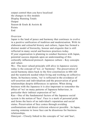 output control then you have localized
the changes to this module
Display Running Totals
Output
Season & Goals & Assists &
Points
End
Overview
Japan is the land of peace and harmony that continues to evolve
in a positive unification of tradition and modernisation. With its
elaborate and colourful history and culture, Japan has formed a
distinct model of hierarchy, honour and etiquette that is still
reflected in many social and business practices today.
If your organisation is planning to conduct business with Japan,
potential success depends upon an understanding of this
culturally influenced protocol. Japanese culture - Key concepts
and values
Wa - The most valued principle still alive in Japanese society
today is the concept of 'wa', or 'harmony'. The preservation of
social harmony dates back to the first constitution in 604 AD
and the teamwork needed when living and working on collective
farms. In business terms, 'wa' is reflected in the avoidance of
self-assertion and individualism and the preservation of good
relationships despite differences in opinion. When doing
business with the Japanese it is also important to remember the
affect of 'wa' on many patterns of Japanese behaviour, in
particular their indirect expression of 'no'.
Kao - One of the fundamental factors of the Japanese social
system is the notion of 'face'. Face is a mark of personal pride
and forms the basis of an individual's reputation and social
status. Preservation of face comes through avoiding
confrontations and direct criticism wherever possible . In Japan,
causing someone to loose face can be disastrous for business
relationships.
Omoiyari - Closely linked to the concepts of 'wa' and 'kao',
 