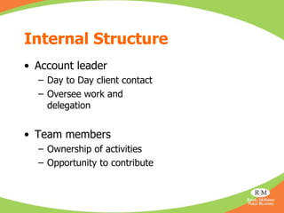 Internal Structure <ul><li>Account leader </li></ul><ul><ul><li>Day to Day client contact </li></ul></ul><ul><ul><li>Overs...