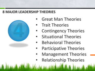 8 MAJOR LEADERSHIP THEORIES
• Great Man Theories
• Trait Theories
• Contingency Theories
• Situational Theories
• Behavioral Theories
• Participative Theories
• Management Theories
• Relationship Theories
 