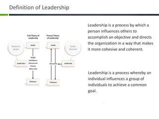 Leadership is a process whereby an
individual influences a group of
individuals to achieve a common
goal.
Leadership is a process by which a
person influences others to
accomplish an objective and directs
the organization in a way that makes
it more cohesive and coherent.
Definition of Leadership
 