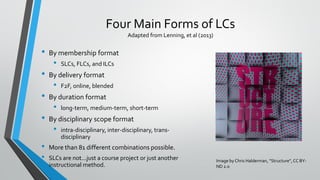 Four Main Forms of LCs
Adapted from Lenning, et al (2013)
• By membership format
• SLCs, FLCs, and ILCs
• By delivery format
• F2F, online, blended
• By duration format
• long-term, medium-term, short-term
• By disciplinary scope format
• intra-disciplinary, inter-disciplinary, trans-
disciplinary
• More than 81 different combinations possible.
• SLCs are not...just a course project or just another
instructional method.
Image by Chris Halderman, “Structure”,CC BY-
ND 2.0
 