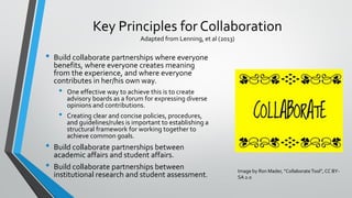 Key Principles for Collaboration
Adapted from Lenning, et al (2013)
• Build collaborate partnerships where everyone
benefits, where everyone creates meaning
from the experience, and where everyone
contributes in her/his own way.
• One effective way to achieve this is to create
advisory boards as a forum for expressing diverse
opinions and contributions.
• Creating clear and concise policies, procedures,
and guidelines/rules is important to establishing a
structural framework for working together to
achieve common goals.
• Build collaborate partnerships between
academic affairs and student affairs.
• Build collaborate partnerships between
institutional research and student assessment.
Image by Ron Mader, “CollaborateTool”, CC BY-
SA 2.0
 
