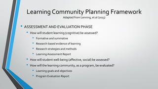 Learning Community Planning Framework
Adapted from Lenning, et al (2013)
• ASSESSMENT AND EVALUATION PHASE
• How will student learning (cognitive) be assessed?
• Formative and summative
• Research-based evidence of learning
• Research strategies and methods
• Learning Assessment Report
• How will student well-being (affective, social) be assessed?
• How will the learning community, as a program, be evaluated?
• Learning goals and objectives
• Program Evaluation Report
 