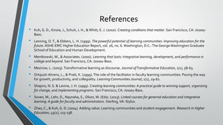 References
• Kuh, G. D., Kinzie, J., Schuh, J. H., & Whitt, E. J. (2010). Creating conditions that matter. San Francisco, CA: Jossey-
Bass.
• Lenning, O.T., & Ebbers, L. H. (1999). The powerful potential of learning communities: Improving education for the
future. ASHE-ERIC Higher Education Report, vol. 26, no. 6. Washington, D.C.:The George Washington Graduate
School of Education and Human Development.
• Mentkowski, M., & Associates. (2000). Learning that lasts: Integrative learning, development, and performance in
college and beyond. San Francisco, CA: Jossey-Bass.
• Mezirow, L. (2003).Transformative learning as discourse. Journal ofTransformative Education, 1(1), 58-63.
• Ortquist-Ahrens, L., & Pratt, K. (1999).The role of the facilitator in faculty learning communities: Paving the way
for growth, productivity, and collegiality. Learning Communities Journal, 1(1), 29-62.
• Shapiro, N. S. & Levine, J. H. (1999). Creating learning communities: A practical guide to winning support, organizing
for change, and implementing programs. San Francisco, CA: Jossey-Bass.
• Soven, M., Lehr, D., Naynaha, S., Olson, W. (Eds). (2013). Linked courses for genernal education and integrative
learning: A guide for faculty and administrators. Sterling, VA: Stylus.
• Zhao, C., & Kuh, G. D. (2004). Adding value: Learning communities and student engagement. Research in Higher
Education, 45(2), 115-138.
 