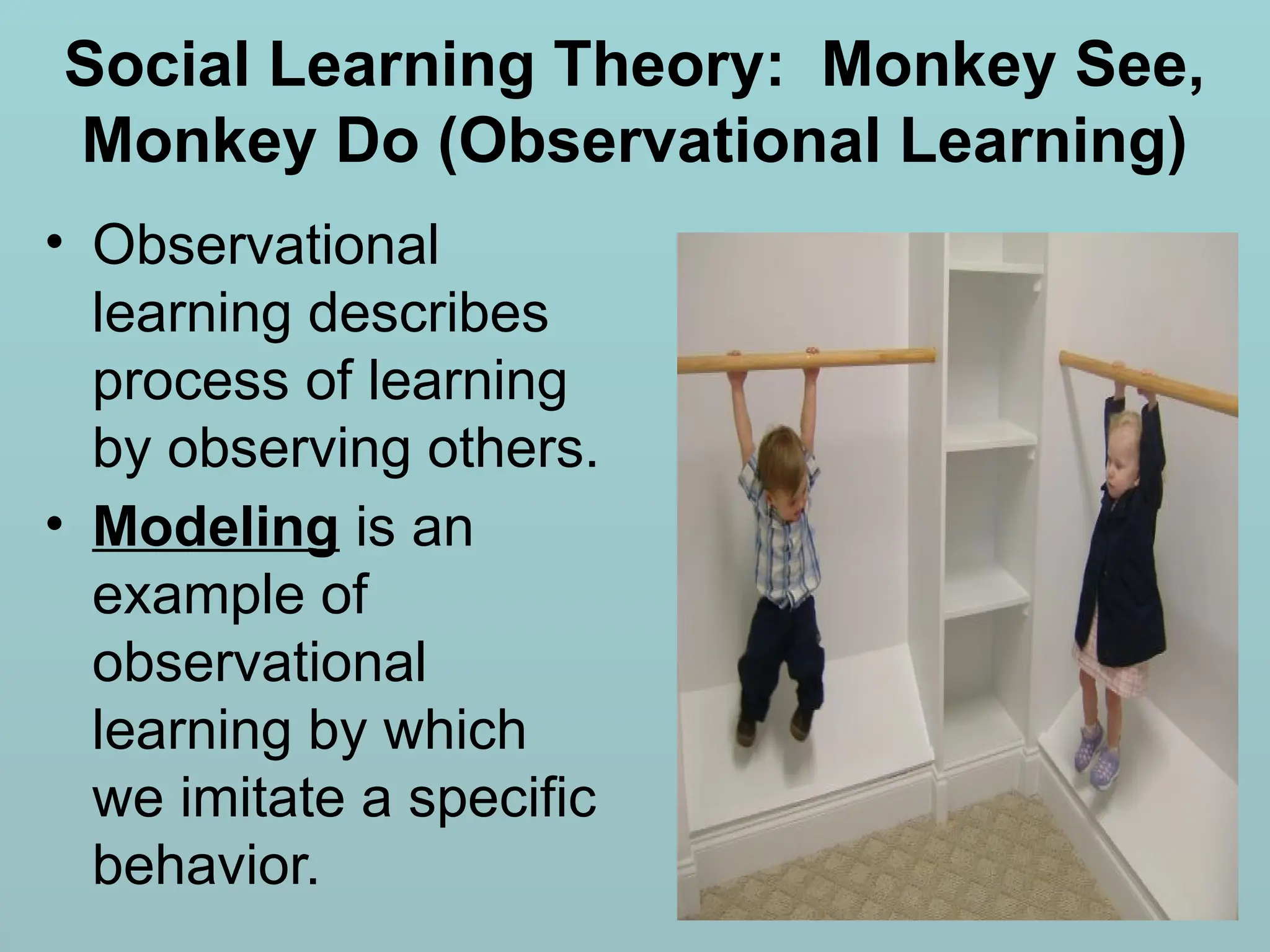 Social Learning Theory: Monkey See,
Monkey Do (Observational Learning)
• Observational
learning describes
process of learning
by observing others.
• Modeling is an
example of
observational
learning by which
we imitate a specific
behavior.
 