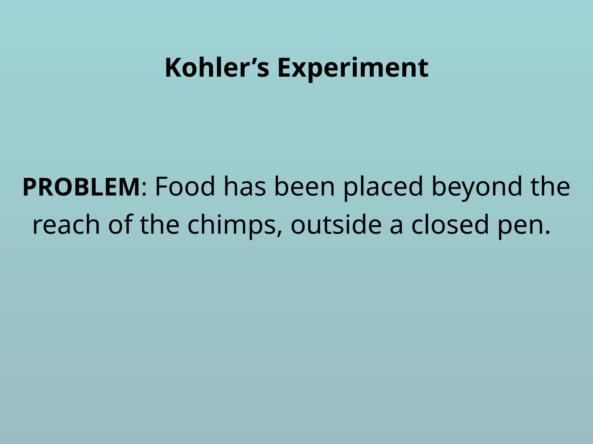 Kohler’s Experiment
PROBLEM: Food has been placed beyond the
reach of the chimps, outside a closed pen.
 