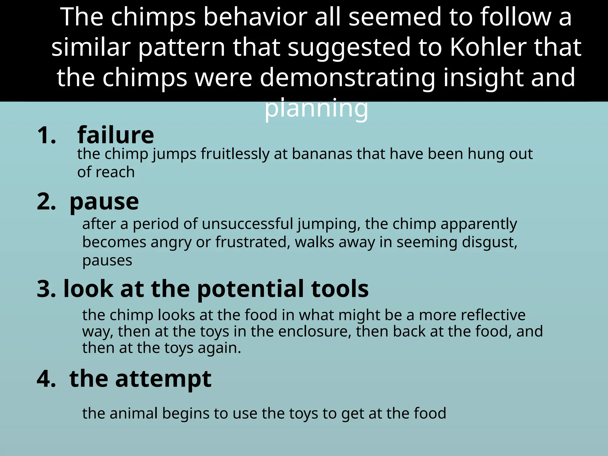 1. failure
2. pause
3. look at the potential tools
4. the attempt
The chimps behavior all seemed to follow a
similar pattern that suggested to Kohler that
the chimps were demonstrating insight and
planning
the chimp jumps fruitlessly at bananas that have been hung out
of reach
after a period of unsuccessful jumping, the chimp apparently
becomes angry or frustrated, walks away in seeming disgust,
pauses
the chimp looks at the food in what might be a more reflective
way, then at the toys in the enclosure, then back at the food, and
then at the toys again.
the animal begins to use the toys to get at the food
 
