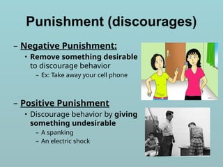Punishment (discourages)
– Negative Punishment:
• Remove something desirable
to discourage behavior
– Ex: Take away your cell phone
– Positive Punishment
• Discourage behavior by giving
something undesirable
– A spanking
– An electric shock
 