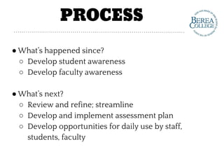 PROCESS
● What’s happened since?
○ Develop student awareness
○ Develop faculty awareness
● What’s next?
○ Review and refine; streamline
○ Develop and implement assessment plan
○ Develop opportunities for daily use by staff,
students, faculty
 