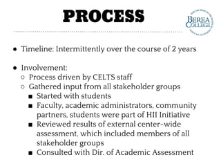 PROCESS
● Timeline: Intermittently over the course of 2 years
● Involvement:
○ Process driven by CELTS staff
○ Gathered input from all stakeholder groups
■ Started with students
■ Faculty, academic administrators, community
partners, students were part of HII Initiative
■ Reviewed results of external center-wide
assessment, which included members of all
stakeholder groups
■ Consulted with Dir. of Academic Assessment
 