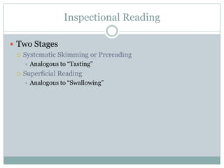 Inspectional Reading

 Two Stages
   Systematic Skimming or Prereading
         Analogous to “Tasting”
     Superficial Reading
         Analogous to “Swallowing”
 