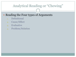 Analytical Reading or “Chewing”

 Reading the Four types of Arguments
   1. Definitional
   2. Cause/Effect
   3. Evaluative
   4. Problem/Solution
 