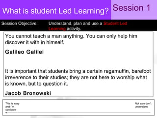 What is student Led Learning? Session 1
Session Objective:

Understand, plan and use a Student Led
Learning activity.

You cannot teach a man anything. You can only help him
discover it with in himself.
Galileo Galilei
It is important that students bring a certain ragamuffin, barefoot
irreverence to their studies; they are not here to worship what
is known, but to question it.
Jacob Bronowski
This is easy
and I’m
confident

Not sure don’t
understand

 