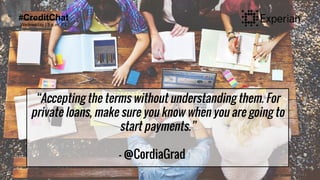 #CreditChat
Wednesday | 3 p.m. ET
“Accepting the terms without understanding them. For
private loans, make sure you know when you are going to
start payments.”
- @CordiaGrad
 