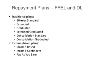 Repayment Plans – FFEL and DL
• Traditional plans:
• 10-Year Standard
• Extended
• Graduated
• Extended Graduated
• Consolidation Standard
• Consolidation Graduated
• Income-driven plans:
• Income-Based
• Income-Contingent
• Pay As You Earn
 
