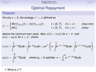 Student Loans Modeling Student Loans Conclusion
Optimal Repayment
Theorem
For any x  0, the strategy α∗
∈ A defined as
α∗
t :=
(
M(t)1[0,tc ](t) + m(t)1(tc ,T](t) t ∈ [0, T], if x  x∗
, (max-min)
M(t) t ∈ [0, T], if x ≤ x∗
, (max)
attains the minimum loan value. Also, v(x) = v1(x) for x  x∗
and
v(x) = v2(x) for x ≤ x∗
, where
v1(x) :=
tc
Z
0
e−rs
Msds +
T
Z
tc
e−rs
msds+ ωeβT

x−
tc
Z
0
e−(r+β)s
Msds−
T
Z
tc
e−(r+β)s
msds

 ,
v2(x) :=
tM
Z
0
e−rs
Msds, where tM  0 satisfies x =
Z tM
0
e−(r+β)s
Msds.
• What is x∗
?
 