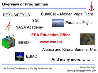 © Logica 2008. All rights reserved
Cubists on the Vega Maiden Flight
UK Space Conference – Young Professionals
Overview of Programmes
REXUS/BEXUS
ESA Education Office
www.esa.intESEO
CubeSat – Maiden Vega Flight
Alpaca and Kiruna Summer Uni.
NASA Academy
ESMO
Parabolic Flight
And many more………..
YGT
Alison Gibbings
alison_gibbings@hotmail.com
 