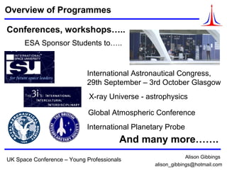 © Logica 2008. All rights reserved
UK Space Conference – Young Professionals
Overview of Programmes
Conferences, workshops…..
ESA Sponsor Students to…..
International Astronautical Congress,
29th September – 3rd October Glasgow
X-ray Universe - astrophysics
Global Atmospheric Conference
And many more…….
International Planetary Probe
Alison Gibbings
alison_gibbings@hotmail.com
 