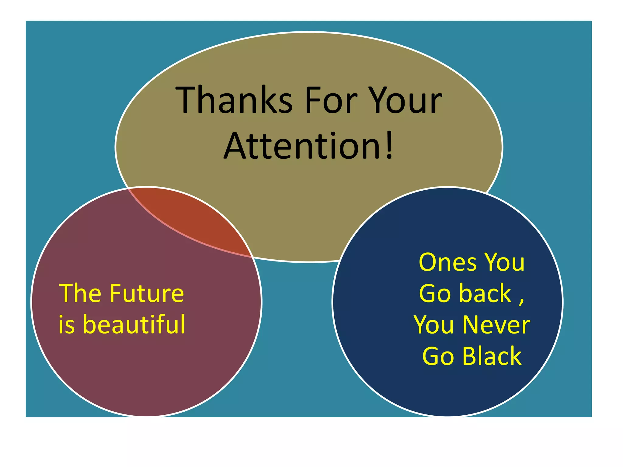 Thanks For Your
Attention!
Ones You
Go back ,
You Never
Go Black
The Future
is beautiful
 