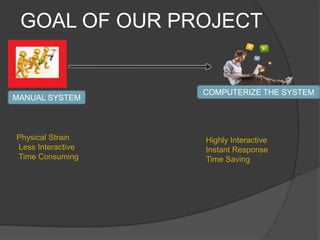 GOAL OF OUR PROJECT


                   COMPUTERIZE THE SYSTEM
MANUAL SYSTEM



Physical Strain    Highly Interactive
Less Interactive   Instant Response
Time Consuming     Time Saving
 